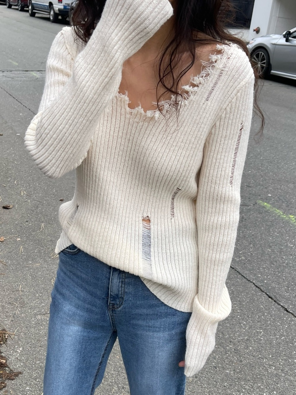 OAK + FORT Distressed Ribbed V-Neck Knit Top Size Small